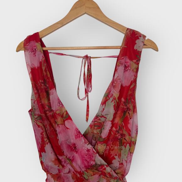 Lulus Sheer Mesh Floral Bodysuit Sm Red Pink Plunge Tie Back Romanticcore Chic - Picture 3 of 5